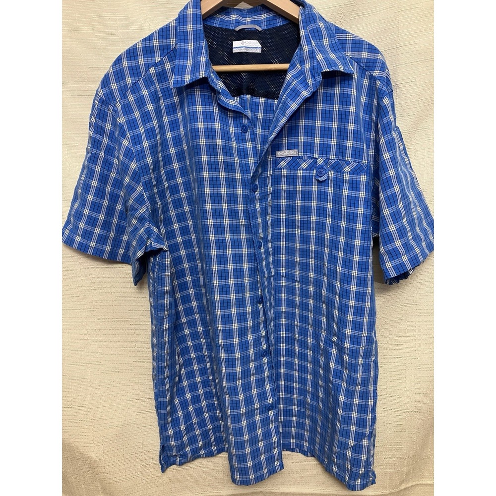 Columbia Plaid Short Sleeve Shirt Mens Large Blue Excellent Vented Hiking